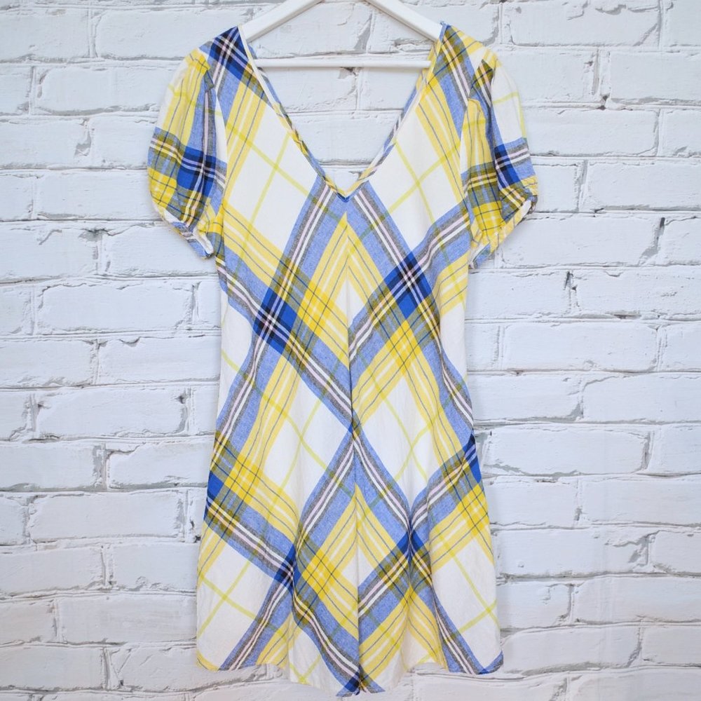 Urban Outfitters Peppa Blue Yellow Plaid Linen Blend Dress